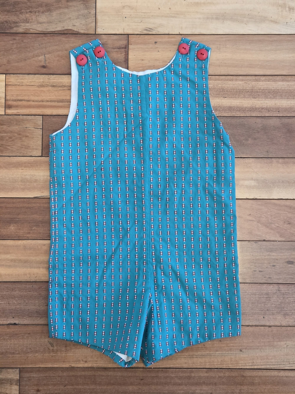 Vintage Blue Teal Red Stitch Button-Shoulder Romper Shorts  4T Playtime Comfort